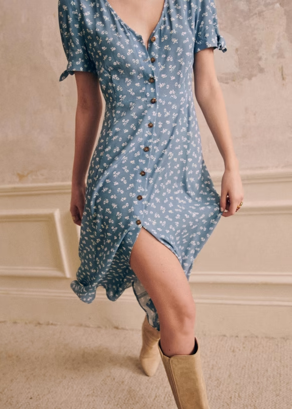 Sezane Dress 38 Blue Albi Print Adele Floral Midi Shirt Babydoll Boho A011081